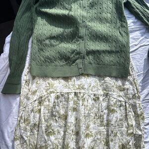 Rachel Zoe Linen Safari Skirt with pockets + Eddie Bauer Cable Knit Cardigan